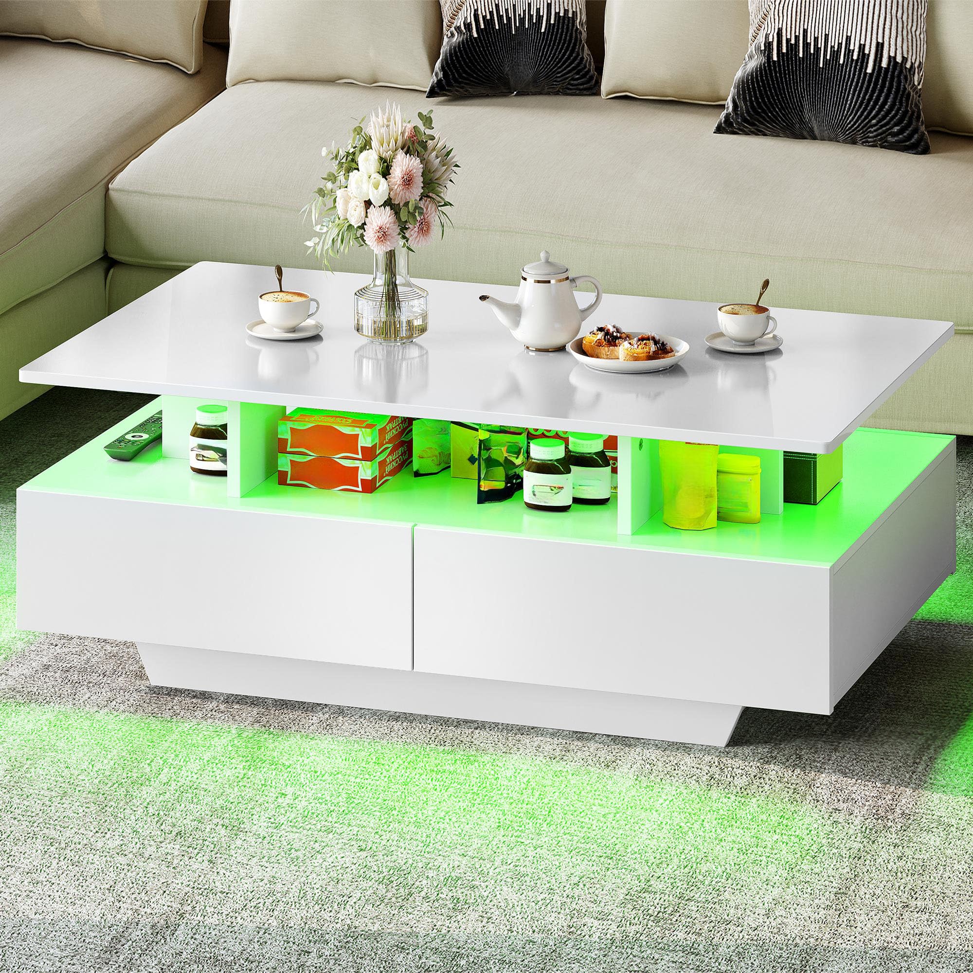 YITAHOME Mesa de Centro con 16 Colores LED para Sala, Mesa Cafe Madera con Estante Abierto y 4 cajones, Mesa de Centro Blanca Moderna