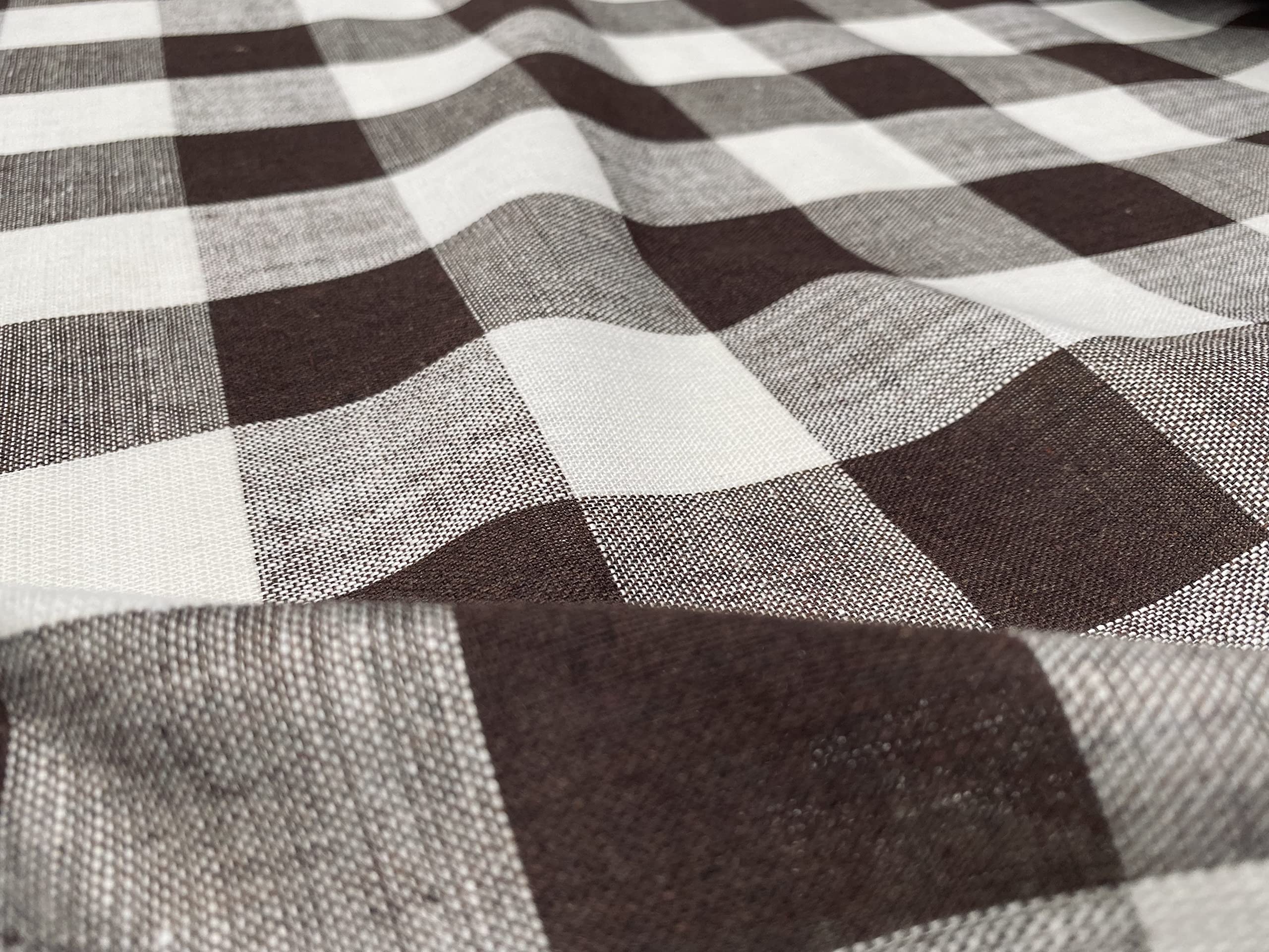 Lushfabric Dark Brown & White Gingham Linen Checked Fabric Plaid Material Buffalo White Check - 140Cm Wide (Sold By The Metre) (Dark Brown & White)