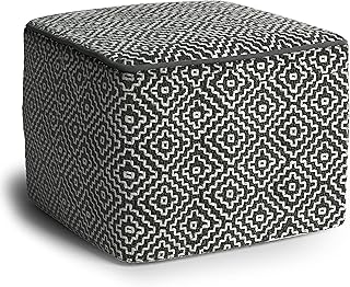 SIMPLIHOME Briella Boho Square Woven Outdoor/ Indoor Pouf in Grey and White Recycled PET Polyester for the Living Room, Family Room, Bedroom and Kids Room