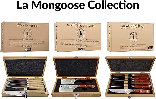 Miniatura 7 de Juego de cuchillos para carne en caja de regalo, 6 cuchillos de acero inoxidable de alto carbono sin dentar, estilo clásico de madera de olivo,