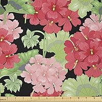 Vista 93 de Ambesonne The Yard, tela de mariquitas de The Yard, flores exóticas hibisco hawaiano follaje ilustración botánica flor de primavera, tela