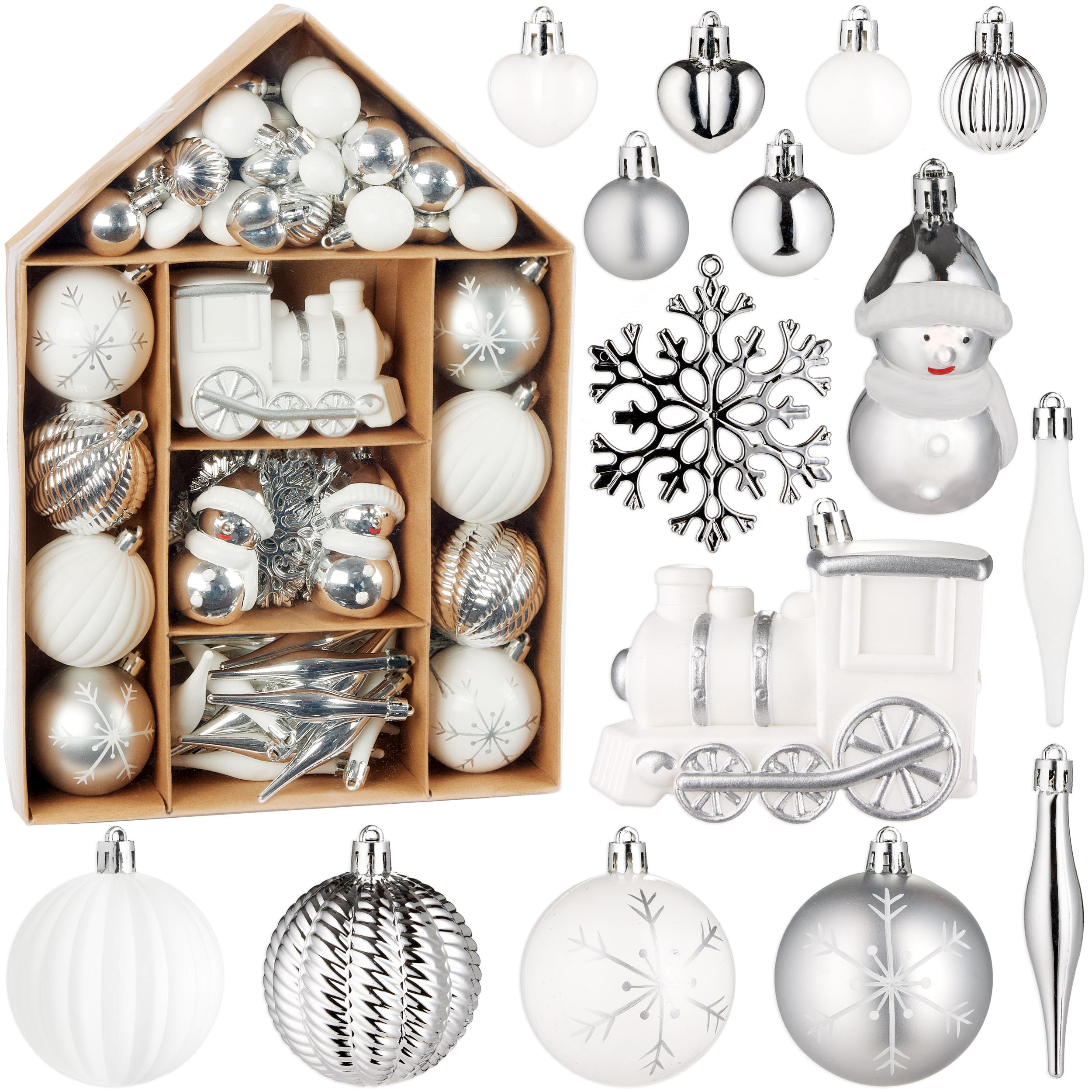 Brubaker Silver 70 Piece Christmas Tree Decorations - Christmas Bauble Set With Locomotive, Snowmen, Baubles, Hearts And Snowflakes - Tree Decorations - Christmas Tree Hanging Ornaments - White And