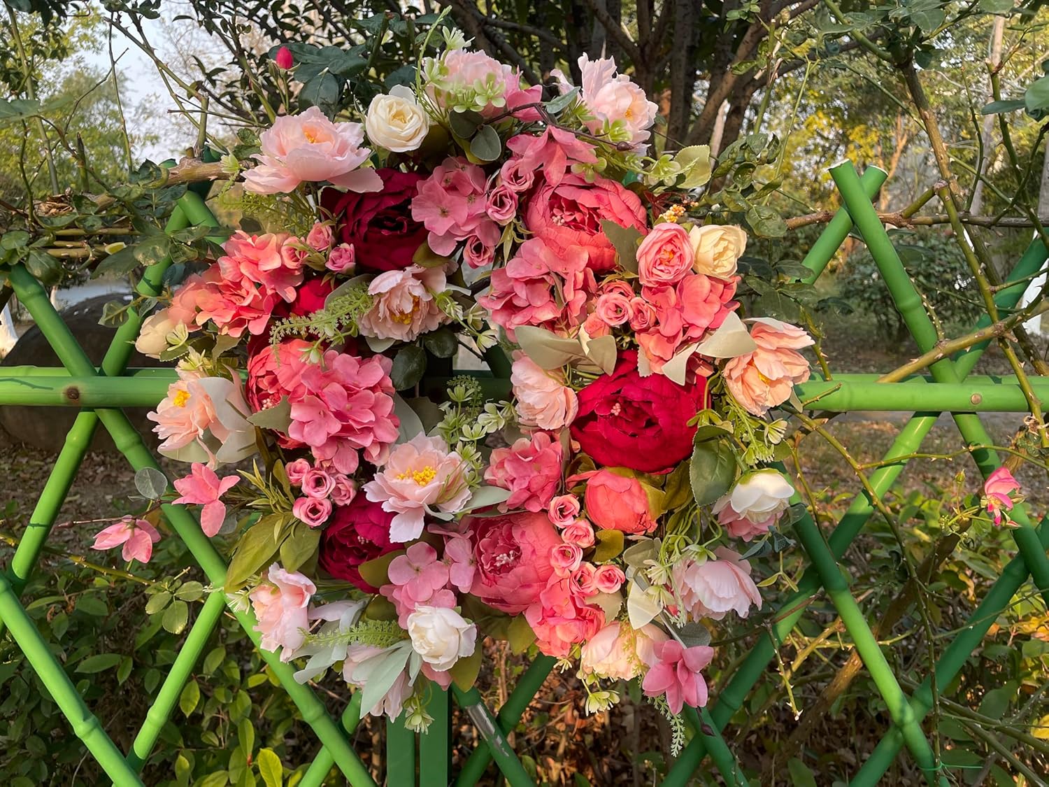 18 Inch Spring Wreaths for Front Door, Artificial Peony & Hydrangea Floral Front Door Wreath Outside Pink Floral Door Wreaths for Front Door Outside with Grapevine, Decorative Handmade (Pink)