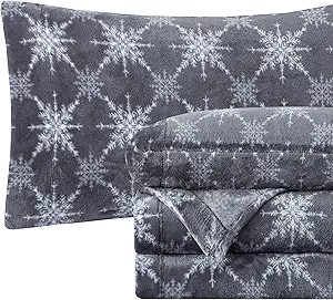 Elegant Comfort Luxuriously Soft 4-Piece Holiday Velvet Plush Flannel Sheet Set - Premium Quality - Cozy Warm, Christmas Fuzzy Velvet Flannel Fleece Deep Pocket Sheet Set - Twin XL, Gray Snowflake
