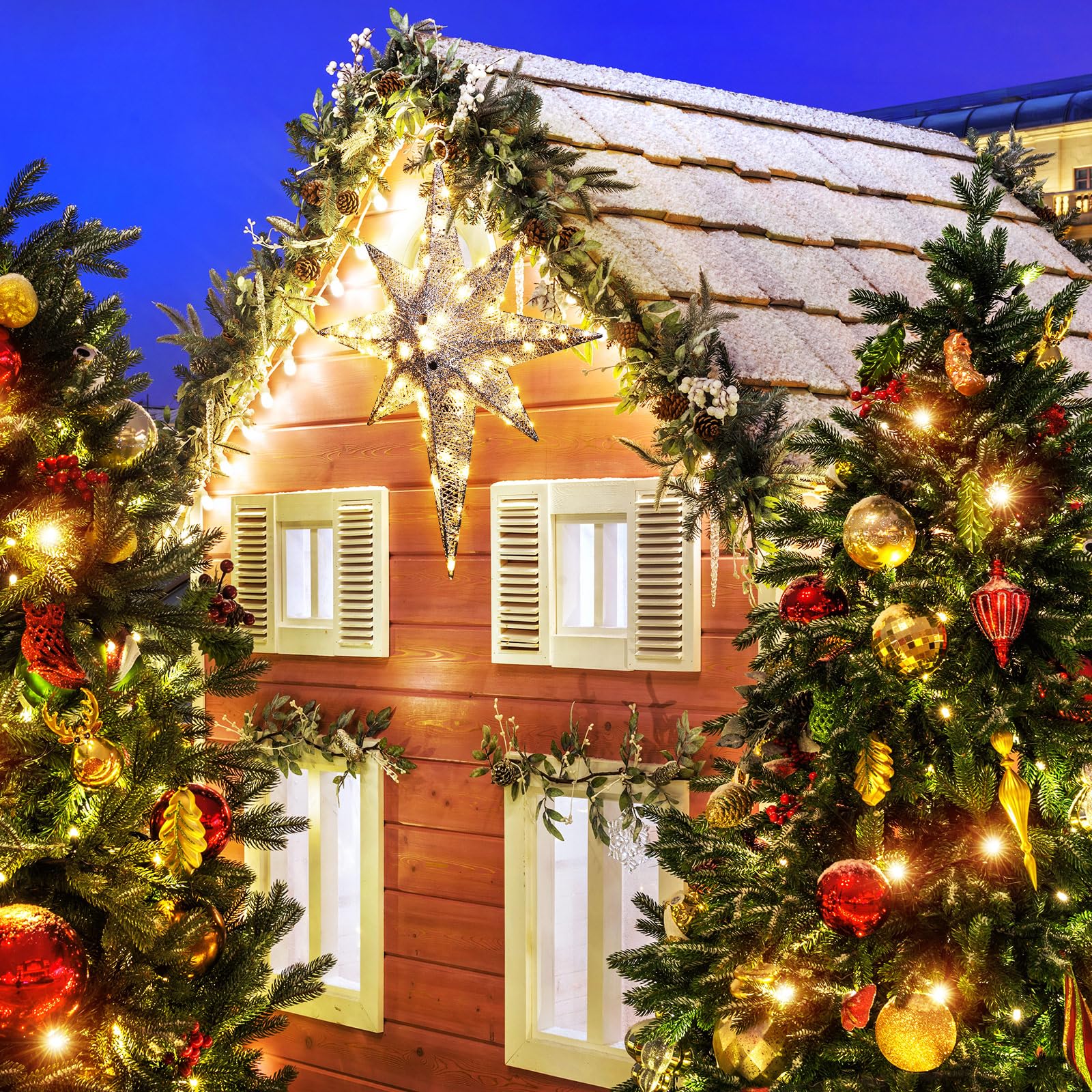Retisee Estrella de Belén con purpurina de Navidad de 24 pulgadas, luces LED grandes para exteriores, luces de Navidad para colgar al aire libre, estrella de Navidad iluminada para patio, porche