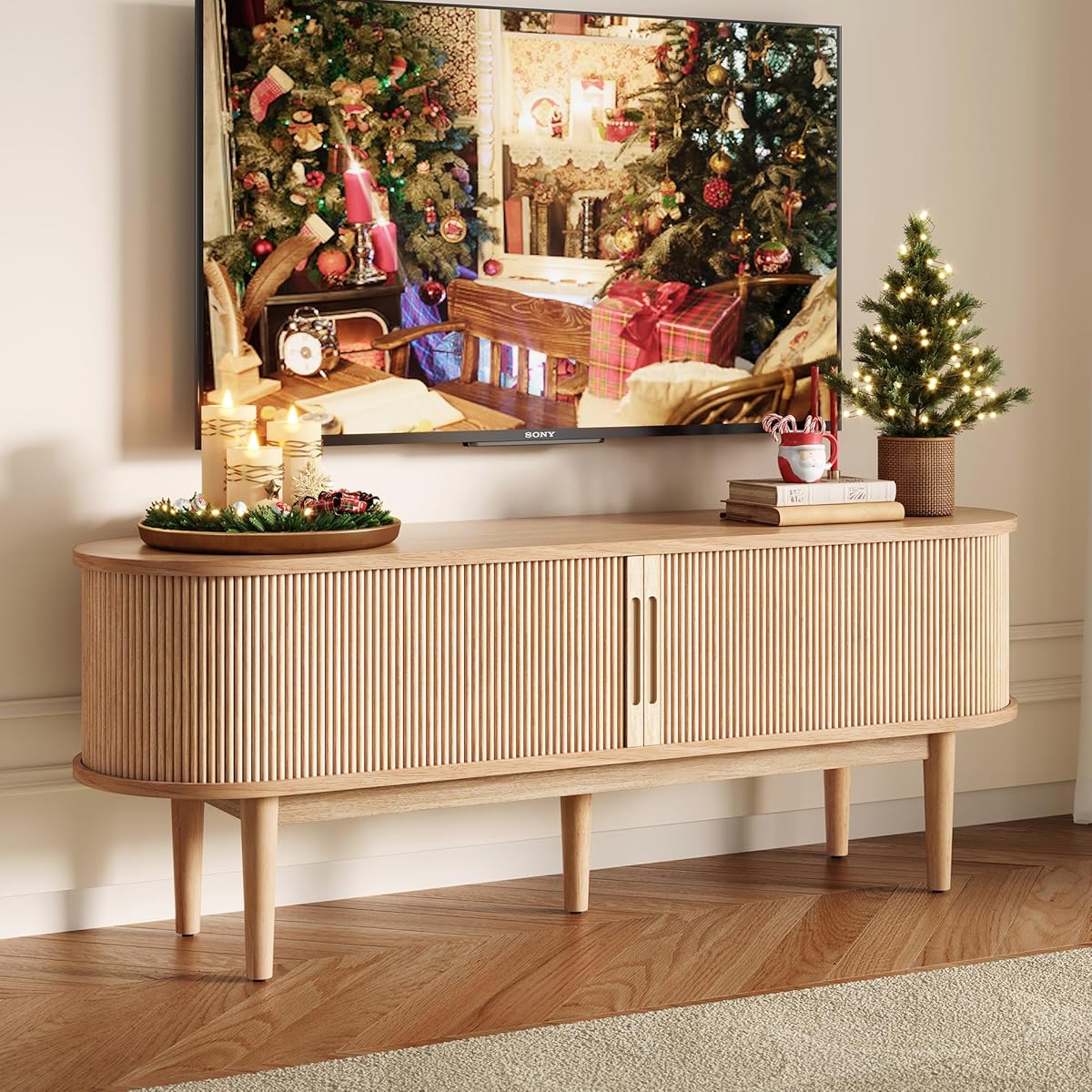 LINSY HOME TV Stand for 65" TV, Mid-Century Modern 58" Entertainment Center with Sliding Tambour Door and Storage Cabinet, Cruved TV Media Console Table for Living Room, Bedroom, Oak