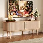 LINSY HOME TV Stand for 65" TV, Mid-Century Modern 58" Entertainment Center with Sliding Tambour Door and Storage Cabinet, Cruved TV Media Console Table for Living Room, Bedroom, Oak