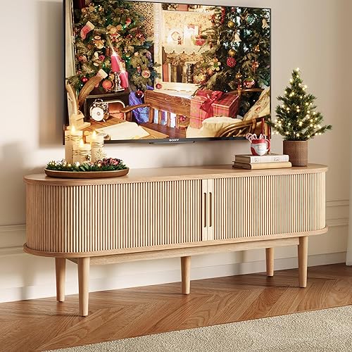 LINSY HOME Soporte de TV para TV de 65 pulgadas, moderno centro de entretenimiento de 58 pulgadas de mediados de siglo con puerta corredera de