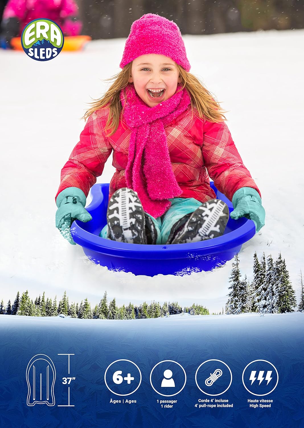 Era 37-inch Booster Adventurer Sled with Tow Rope — 1 Rider Kids' Plastic Toboggan, Blue