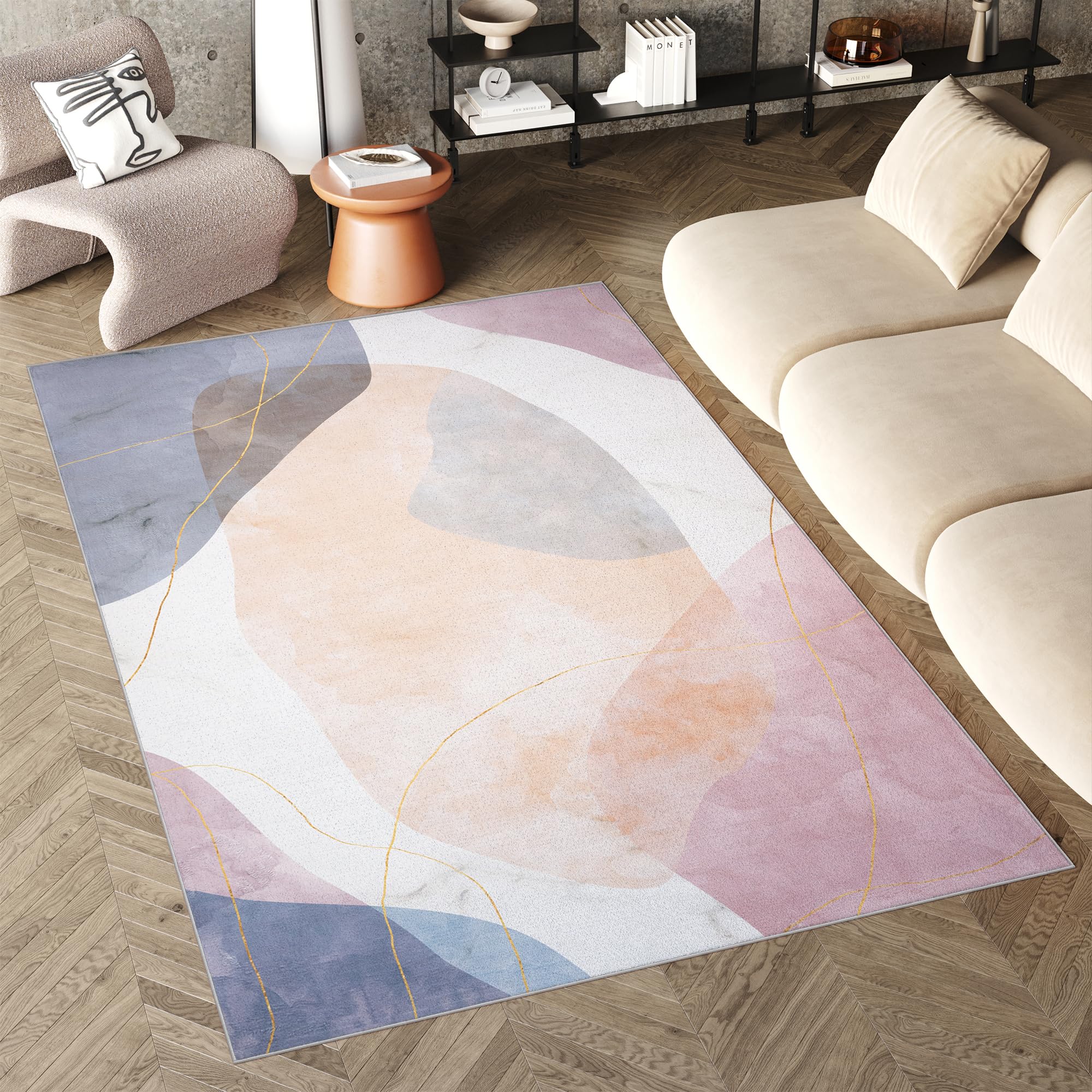 TAPISO Flannel Tappeto Soggiorno Stampato a Macchina Antiscivolo Lavabile Pelo Corto Design Moderno Astratto Geometrico Sfumature Blu Rosa Sala Camera Salotto Oeko-Tex 140 x 200 cm