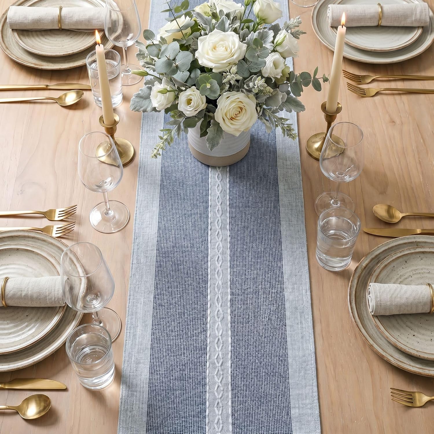 Artoid Mode Blue Braided Striped Rustic Chenille Table Runner, Seasonal Embroidered Kitchen Dining Table Decoration for Home Party Decor 13x72 Inch