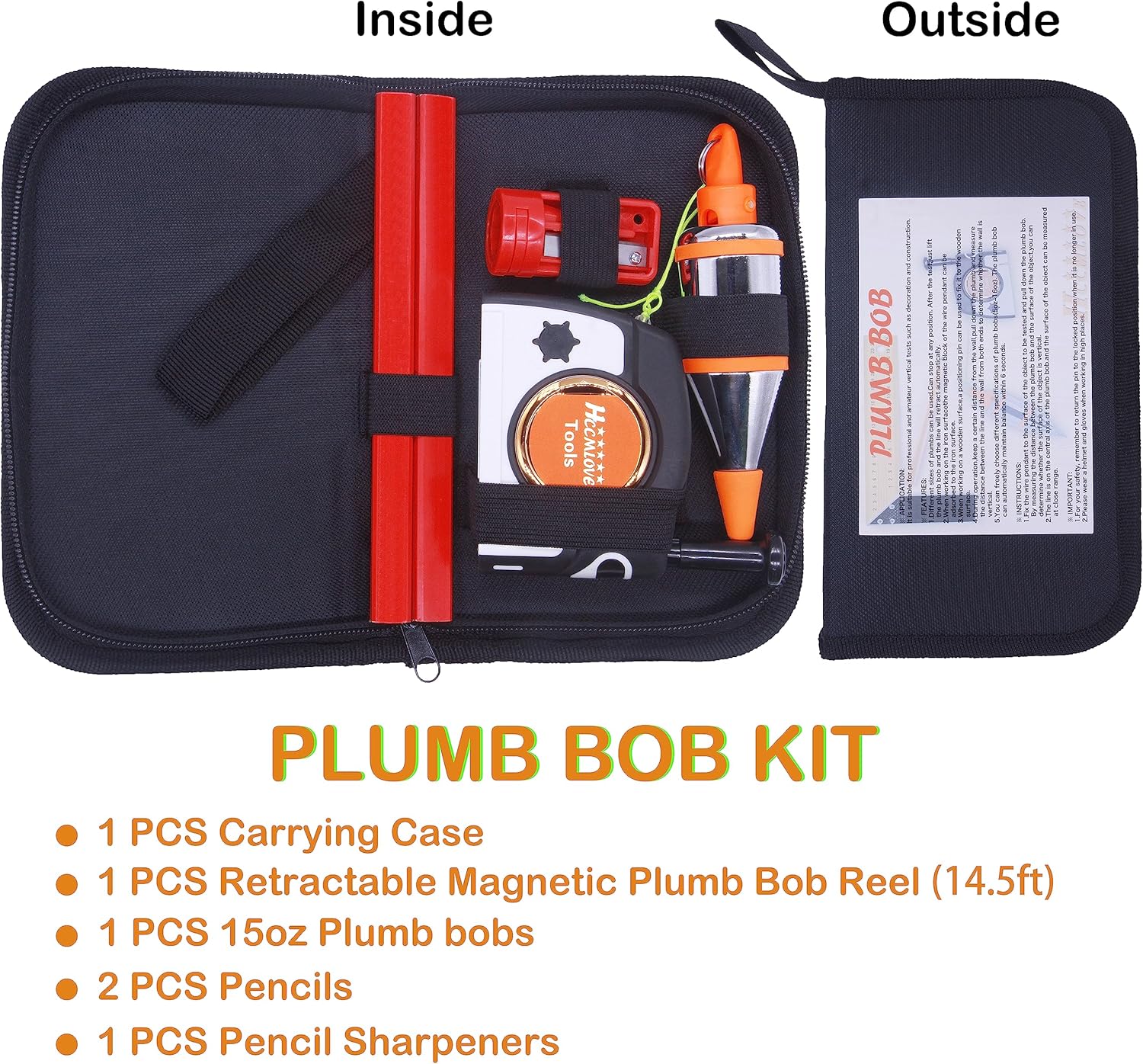 Plumb Bobs Magnetic - 15 oz(425g) Plumb Rite With 14.5 ft(4.5m) String,Sharpener,2 Pencils,Carrying Case,Line Reel Used in Construction Can Automatically Stretch the Line,Quickly Stabilize the Plumbob