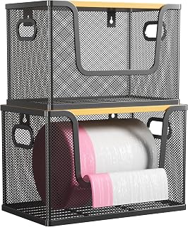 2 Pack Trash Bag Holder with Bamboo Cover, Metal Garbage Bag Dispenser for Kitchen Organization and Storage, Stackable Trash Bags Dispenser Under Sink Organizer Fit 13/30 Gallon Roll, Black