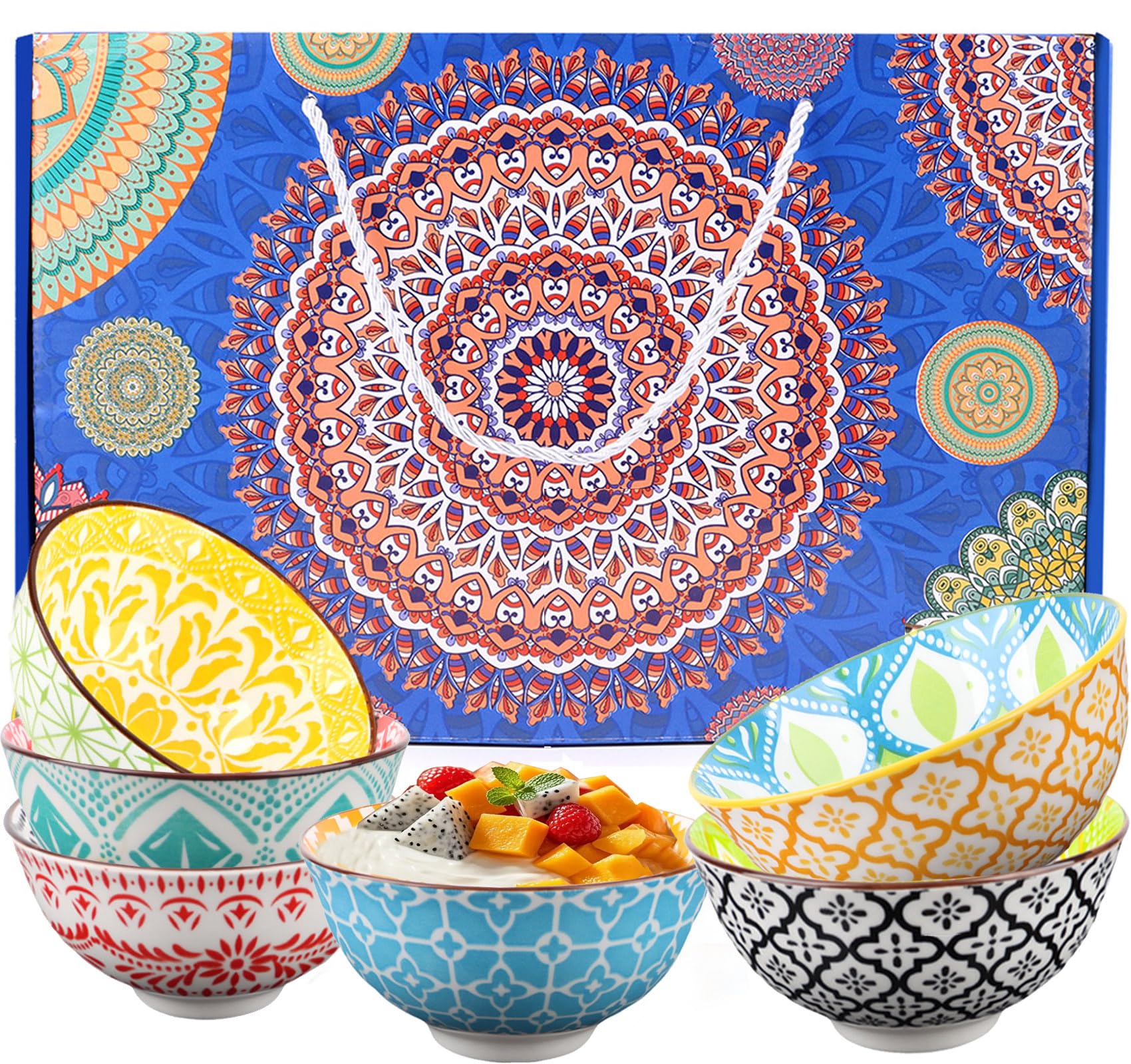 Ceramic Dipping Bowls Set of 6, 10 oz/4.6in Bohemian Serving Dishes,Small Dessert Bowls for Soy Sauce,Cereal,Sushi, Porcelain Bowls for Tapas,Snacks & Side Dishes Dip Bowls,Microwave & Dishwasher Safe