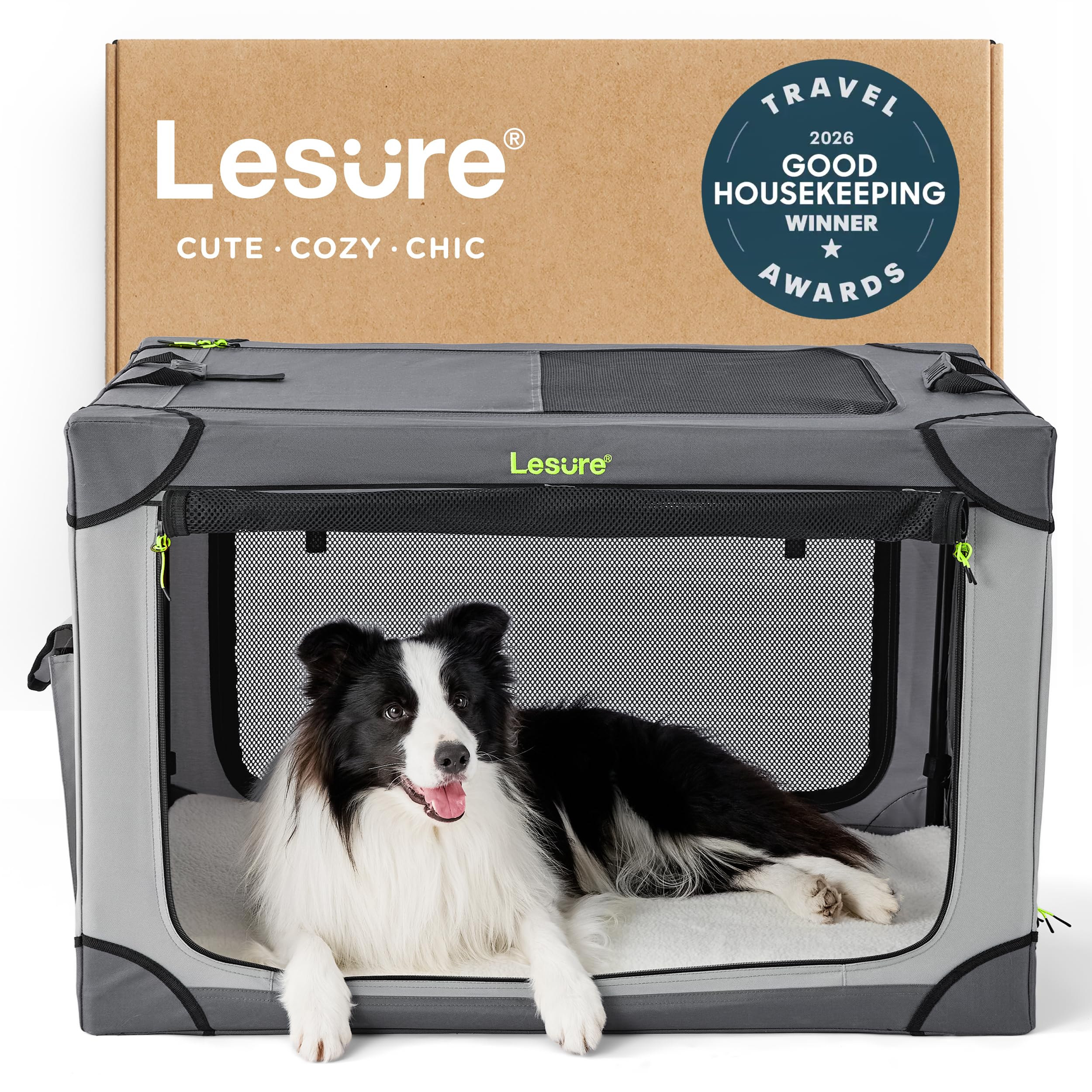 Lesure Shown on TODAY Show Soft Collapsible Dog Crate - 36 Inch Portable Travel Crate for Large Dogs Indoor & Outdoor, 4-Door Foldable Pet Kennel with