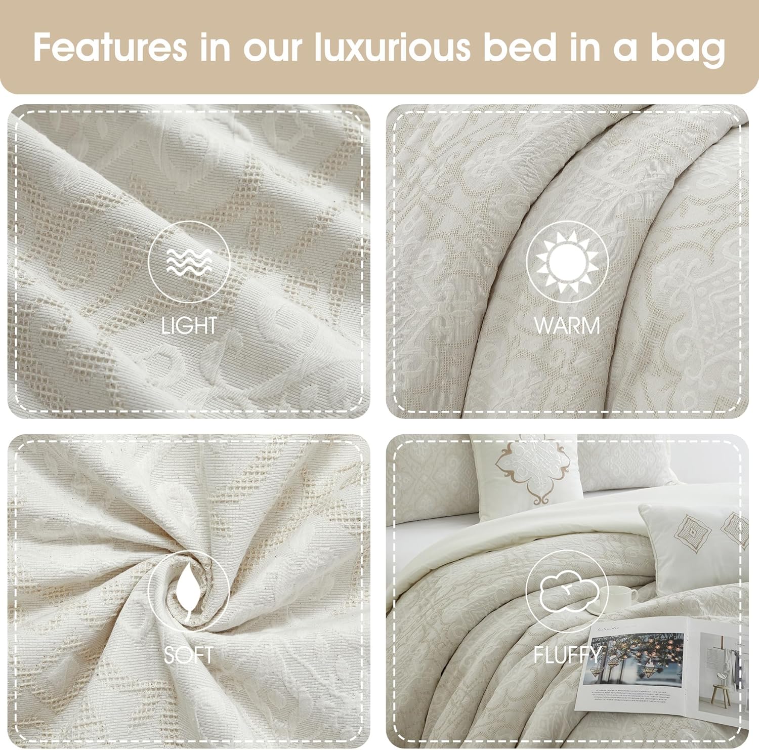 Grand Avenue 6 Piece Cotton White Comforter Set, King Size Jacquard Bedding Set, All Season Geometric Bedding, Matching Pillows, Shams, Bed Skirt