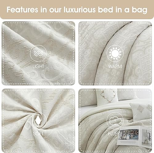 Miniatura 7 de Grand Avenue Juego de edredón blanco de algodón de 6 piezas, juego de cama jacquard tamaño California King, ropa de cama geométrica para todas las