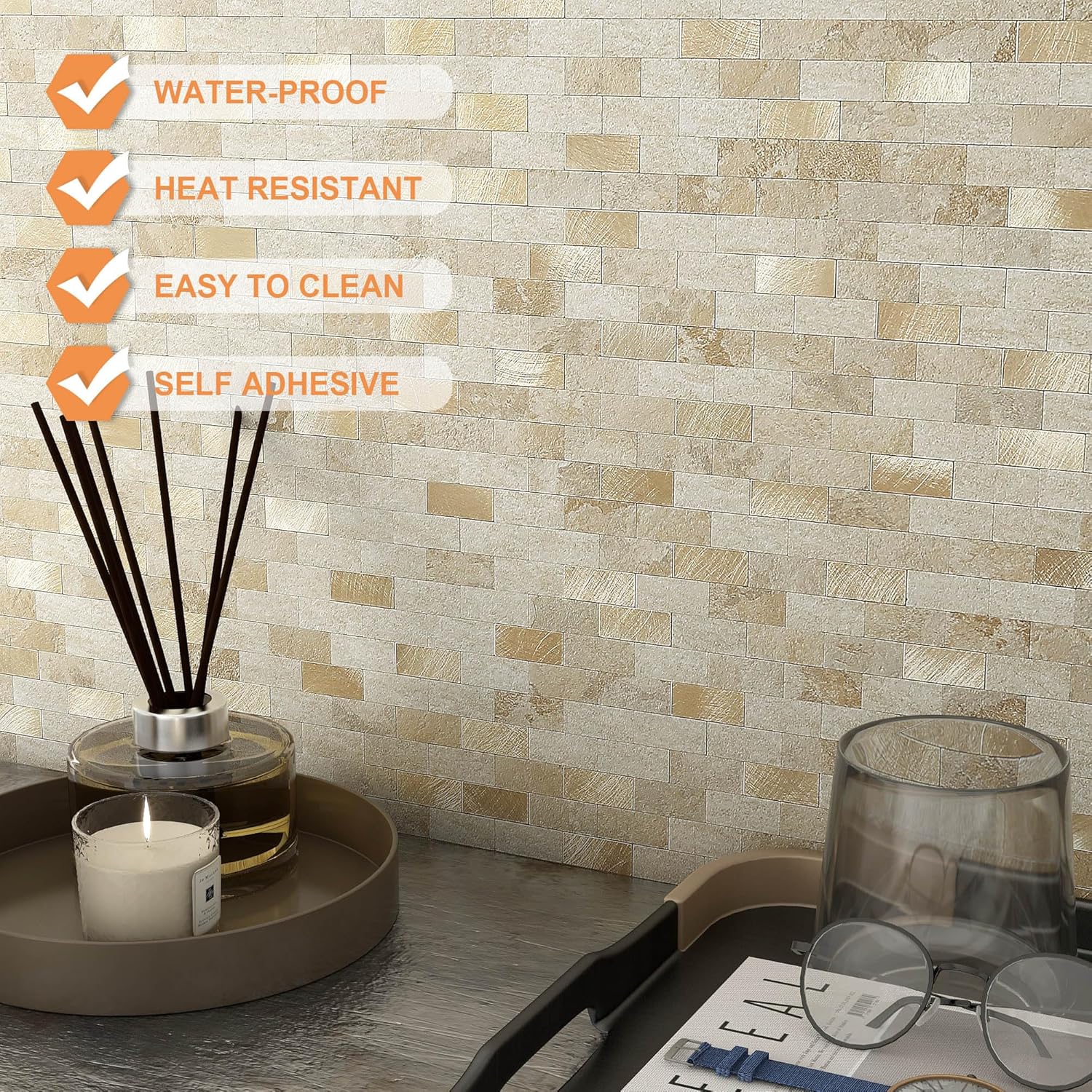 VAOVI Marble Look Peel and Stick Brick Mosaic Tile Backsplash Kitchen Bathroom Wall Sticker(5sheets,Beige Mix)