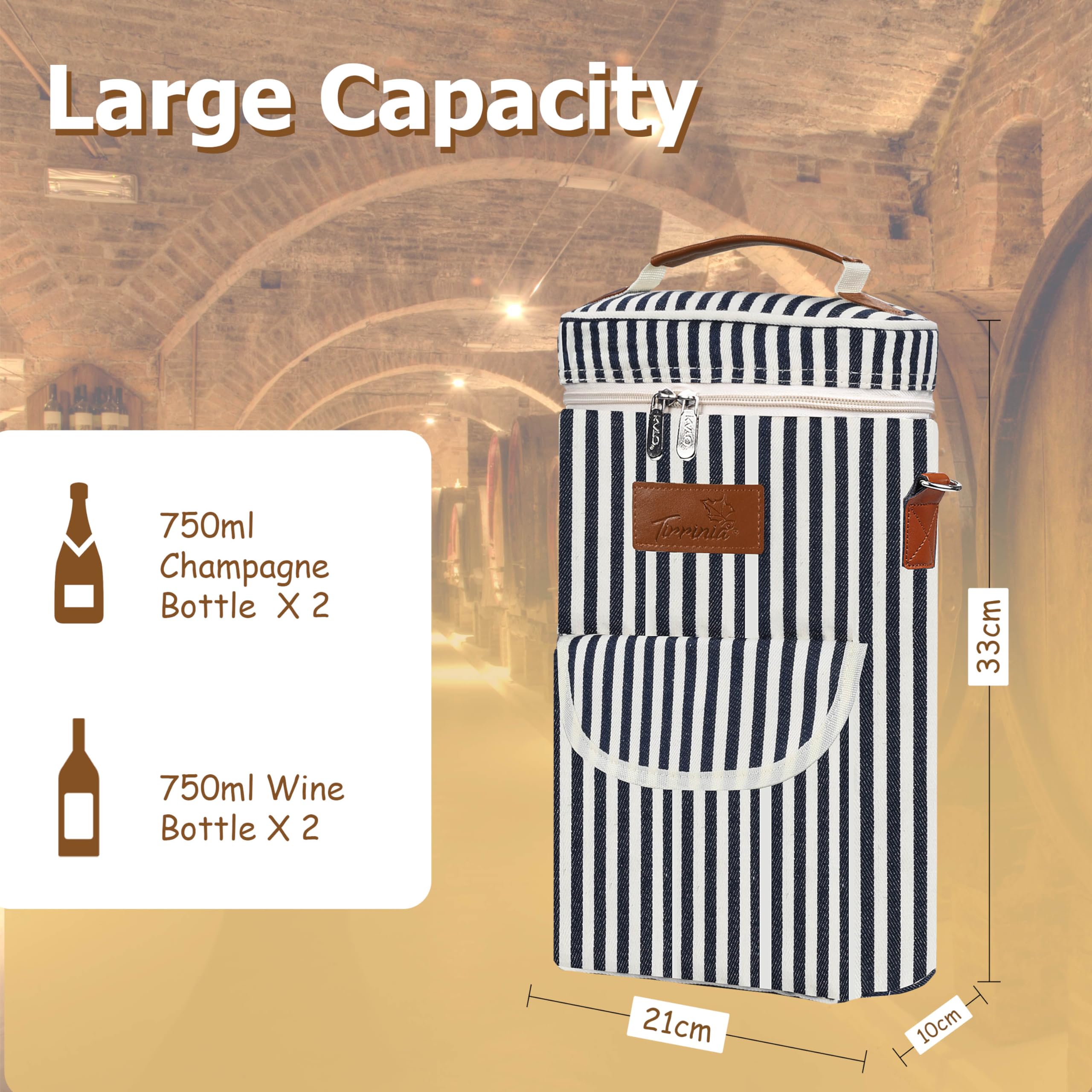 Tirrinia 2 Bottle Wine Gift Tote Carrier - Leakproof & Insulated Padded Versatile Wine Cooler Bag for Travel, BYOB Restaurant, Wine Tasting, Party, Dinner,Gift for Wine Lovers, Beige: Stripe 2 Bottle-with front pocket