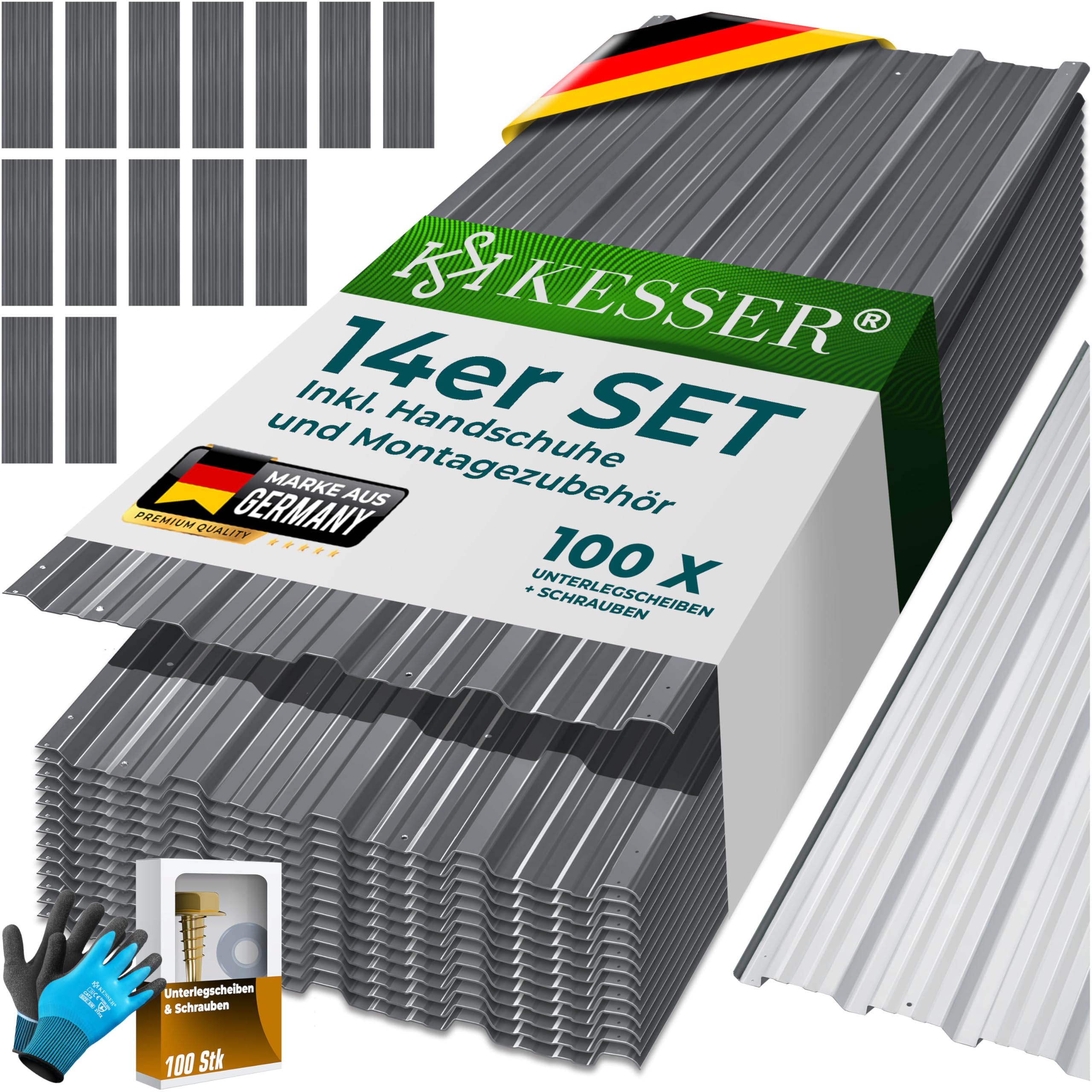KESSER® 14 Stück Trapezblech Profilblech Set 110x46cm, 7 m² Dachblech verzinkter Stahl 0,25mm, Dachplatten für Gerätehaus, Schuppen & Dach + Schrauben, Unterlegscheiben & Montagehandschuhe, Grau
