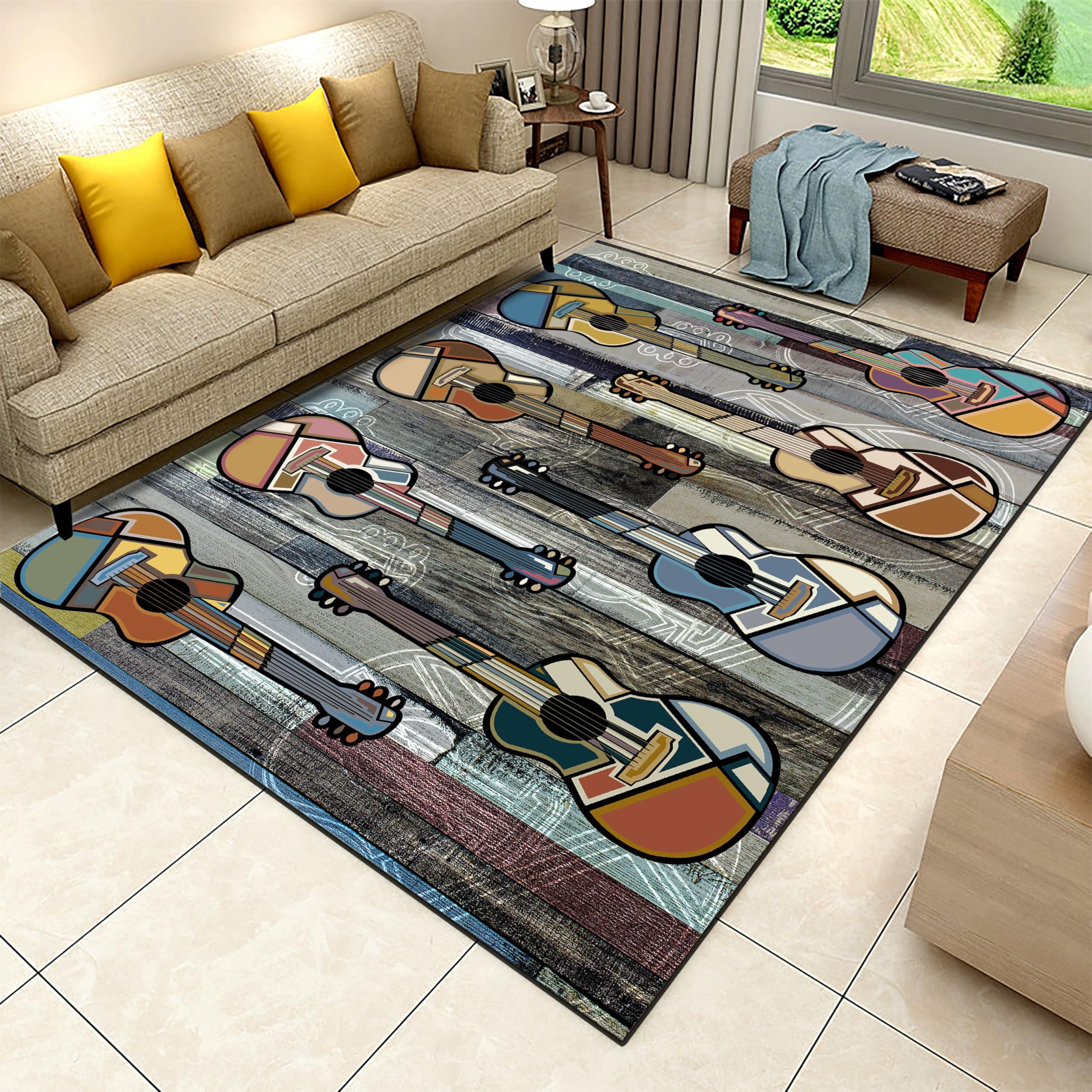 Guitar Area Rugs, 5x7ft, Vintage Instrument Carpet for Bedroom, Durable with Non Slip Backing Throw Mat, Foldable No Crease Anti-Skid Washable Carpets