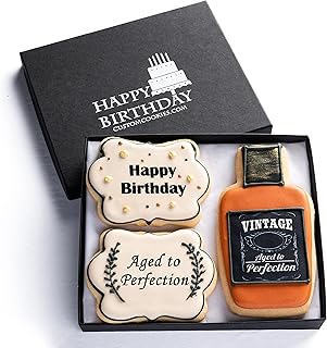 Happy Birthday Gift Basket Custom Sugar Cookies - Happy Birthday Cookies in Gift Box, Hand Decorated Kosher Treats for Men, Him, Husband - Bakery & Dessert Gifts as a Birthday Cake