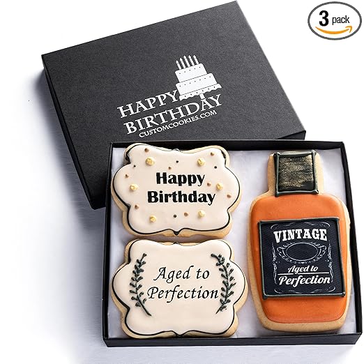 Happy Birthday Gift Basket Custom Sugar Cookies - Happy Birthday Cookies in Gift Box, Hand Decorated Kosher Treats for Men, Him, Husband - Bakery & Dessert Gifts as a Birthday Cake