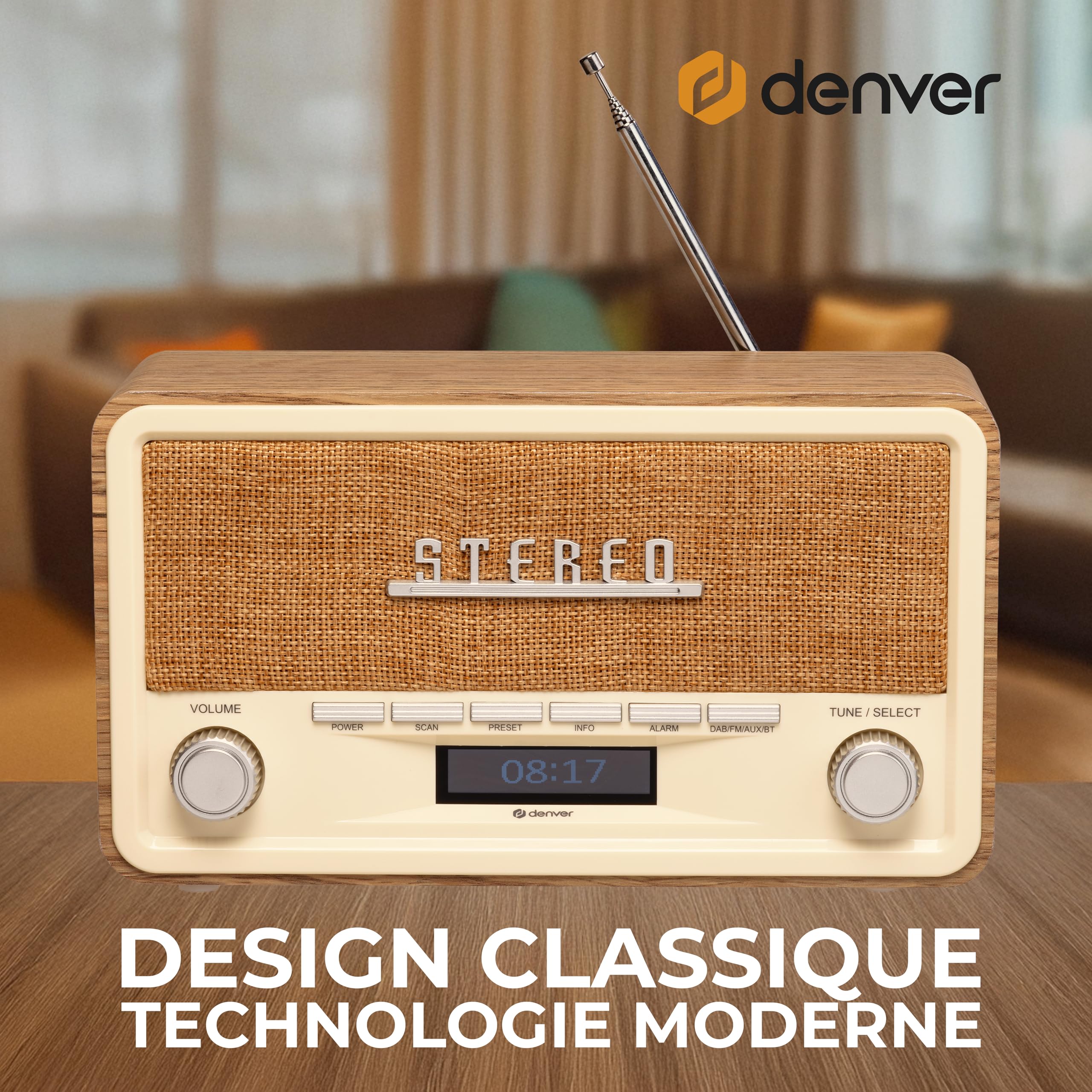 Denver DAB-18LW Radio numérique Dab+/FM Bluetooth, AUX, écran LCD, Horloge-réveil, Finition Bois Clair