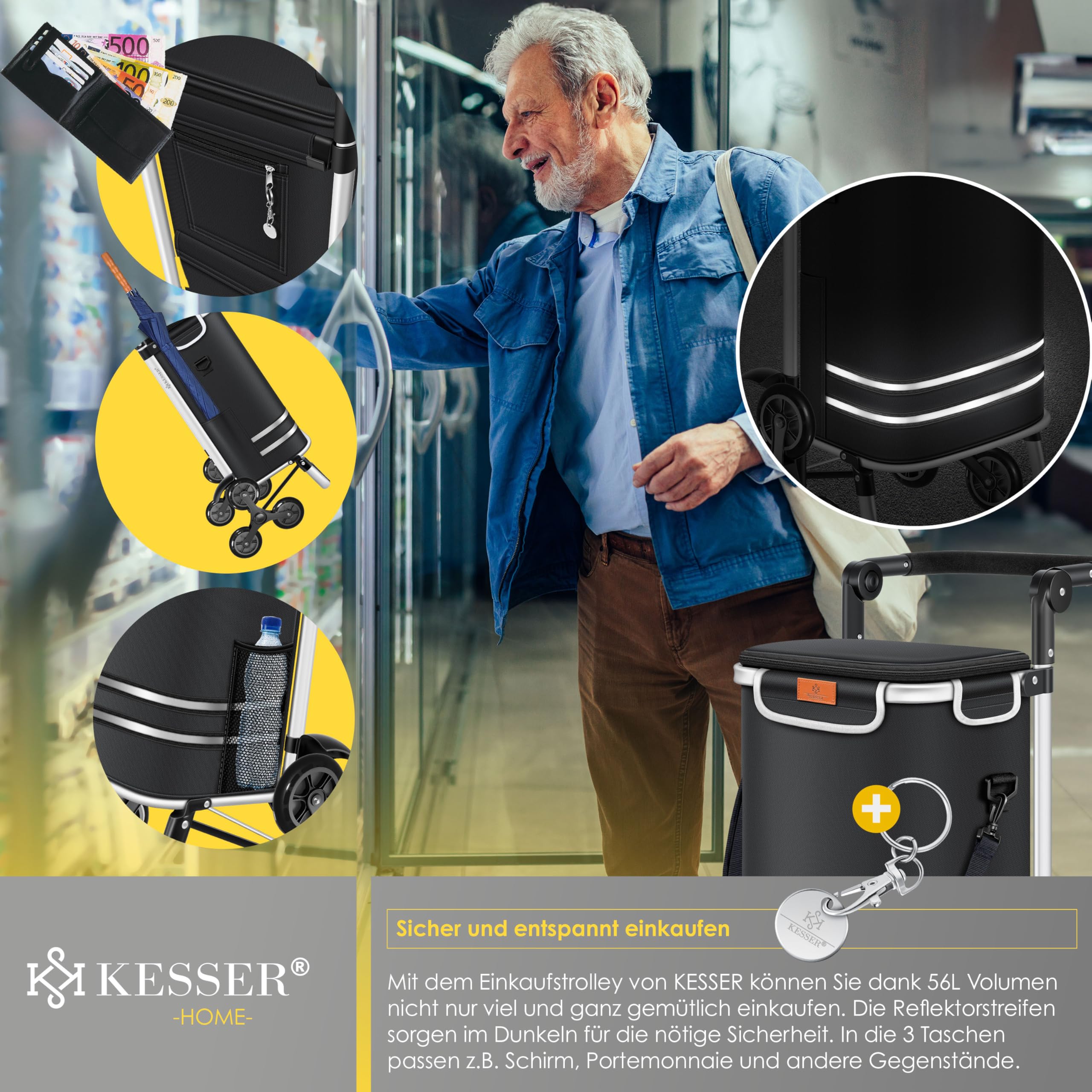 KESSER® Einkaufstrolley Treppensteiger mit Kühlfach klappbar mit 56L Kapazität und belastbar bis 50kg | 3in1 Trolley Sackkarre & Umhängetasche | Faltbarer Einkaufswagen inkl. Einkaufschip, Schwarz