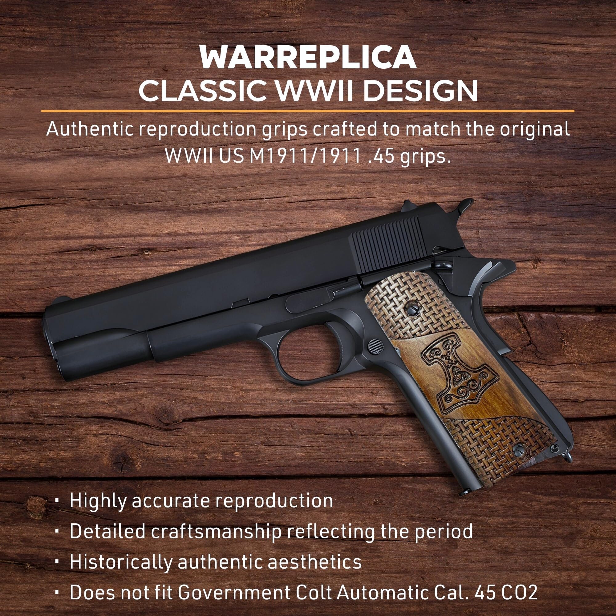 WWII US M1911/1911 .45 Holzgriffe – Reproduktion (Thors Hammer (Stil 2))