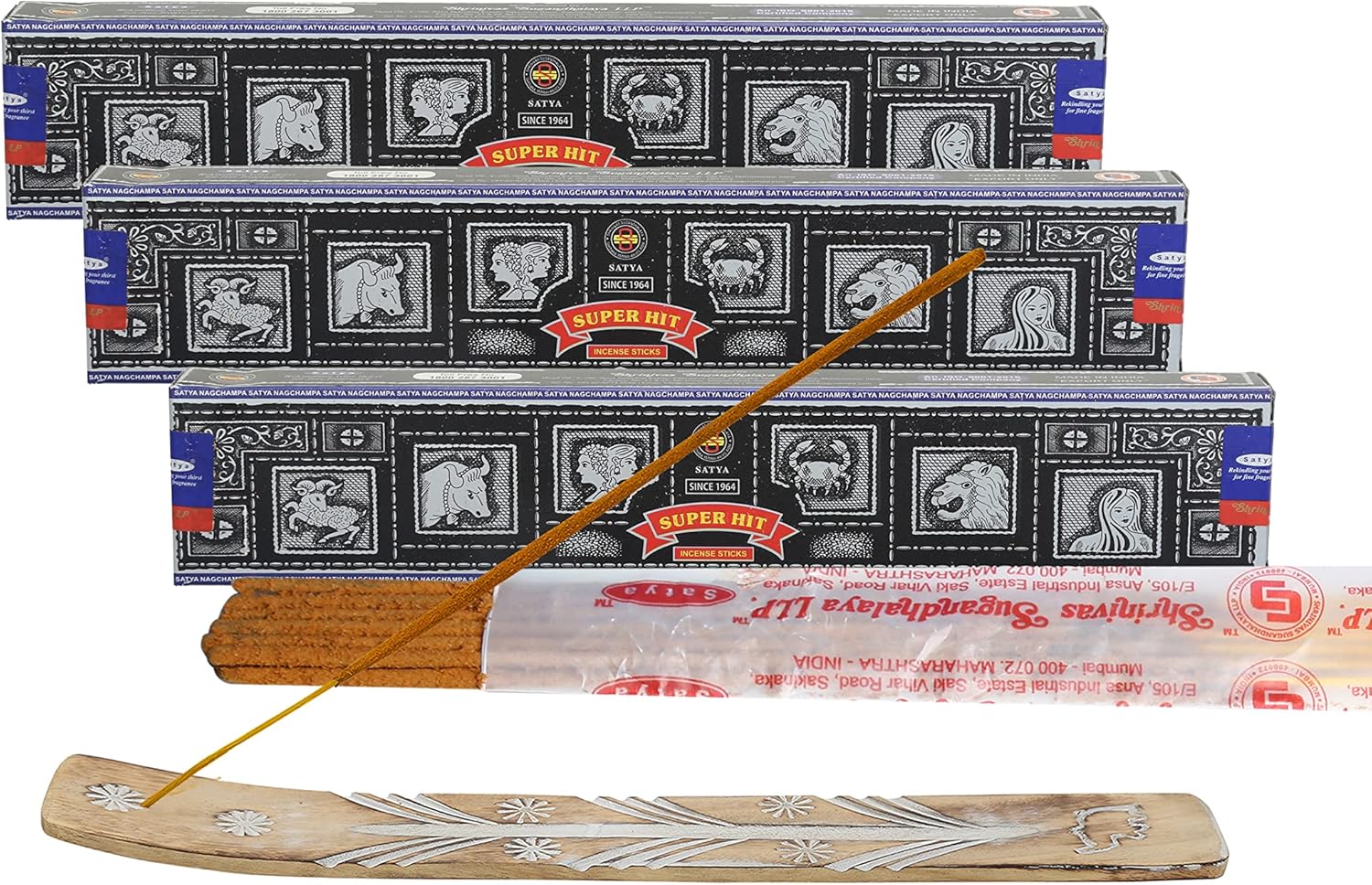 Satya Super Hit Incense Sticks, Satya sai Baba Insenses 15gmx3 (45 gm) Pack with Raajsee Incense Holder Bundle , Satya Nag Champa Natural Incense
