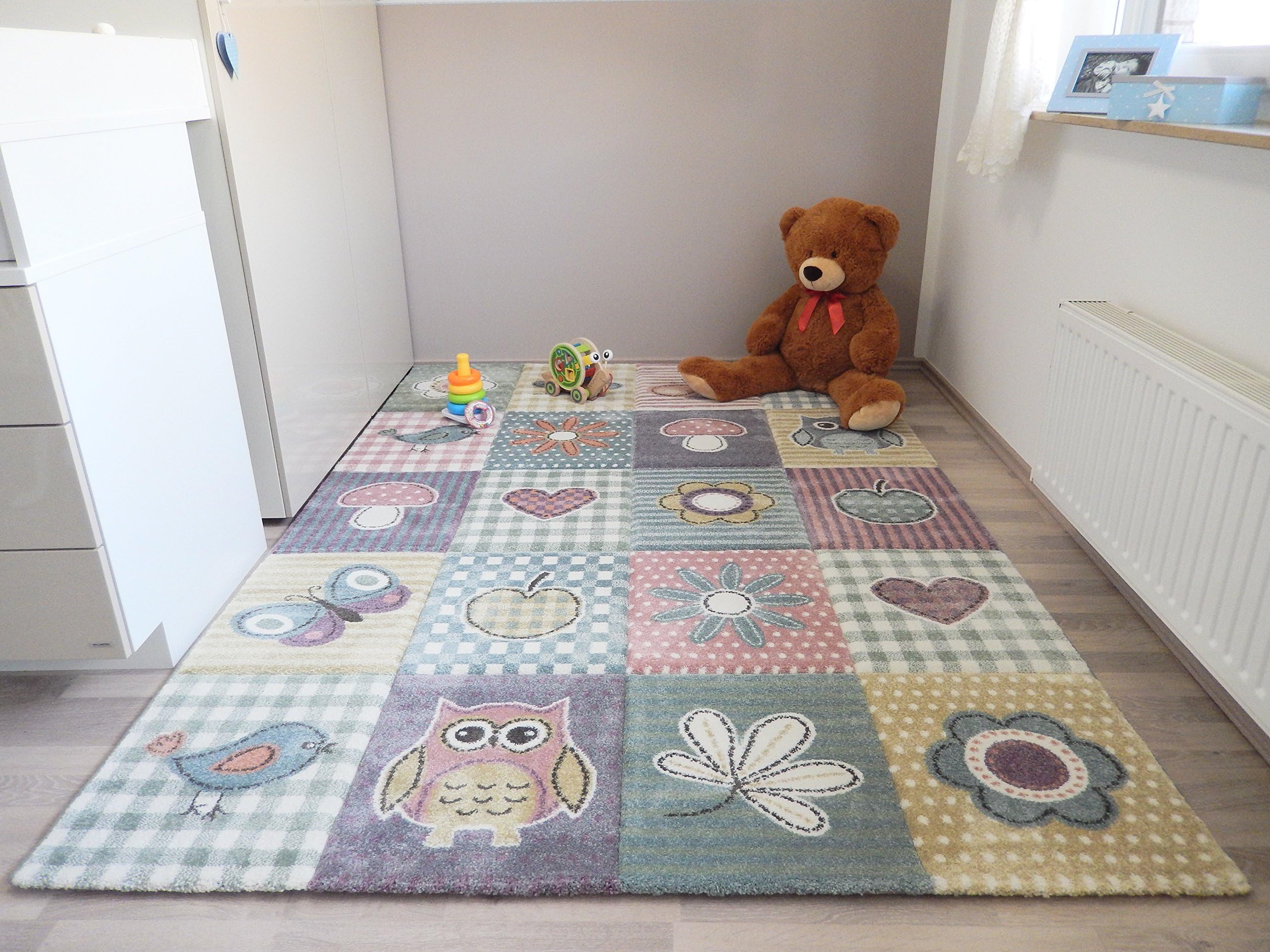 Children's Play Mat Rug with Butterfly Owl Design Pastel Colours Green / Blue / Yellow, Non-Toxic, Plastic, Colourful, 120x170 cm