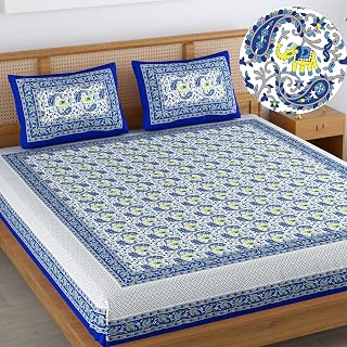 Colorish 120 TC Cotton Blend Elephant Printed Jaipuri Bedsheet for Double Bed King Size with 2 Pillow Covers, Indigo Blue Price In India