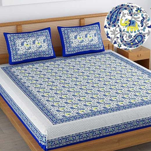 Colorish 120 TC Cotton Blend Elephant Printed Jaipuri Bedsheet for Double Bed King Size with 2 Pillow Covers, Indigo Blue