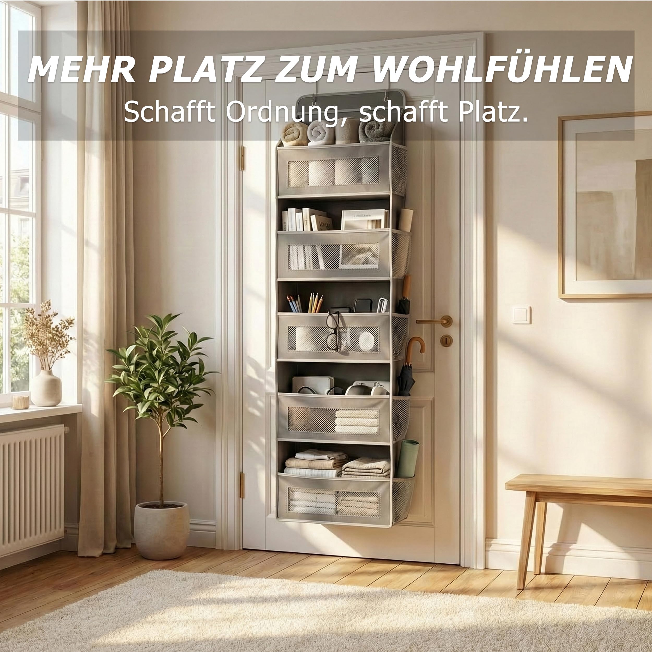 Hängeorganizer für die Tür, Upgrade Türorganizer mit 5 Fächern, Großes Hängeregal, Faltbares Aufbewahrungssystem für Bad, Kinderzimmer & Wohnmobil, Atmungsaktives Mesh, Dunkelgrau