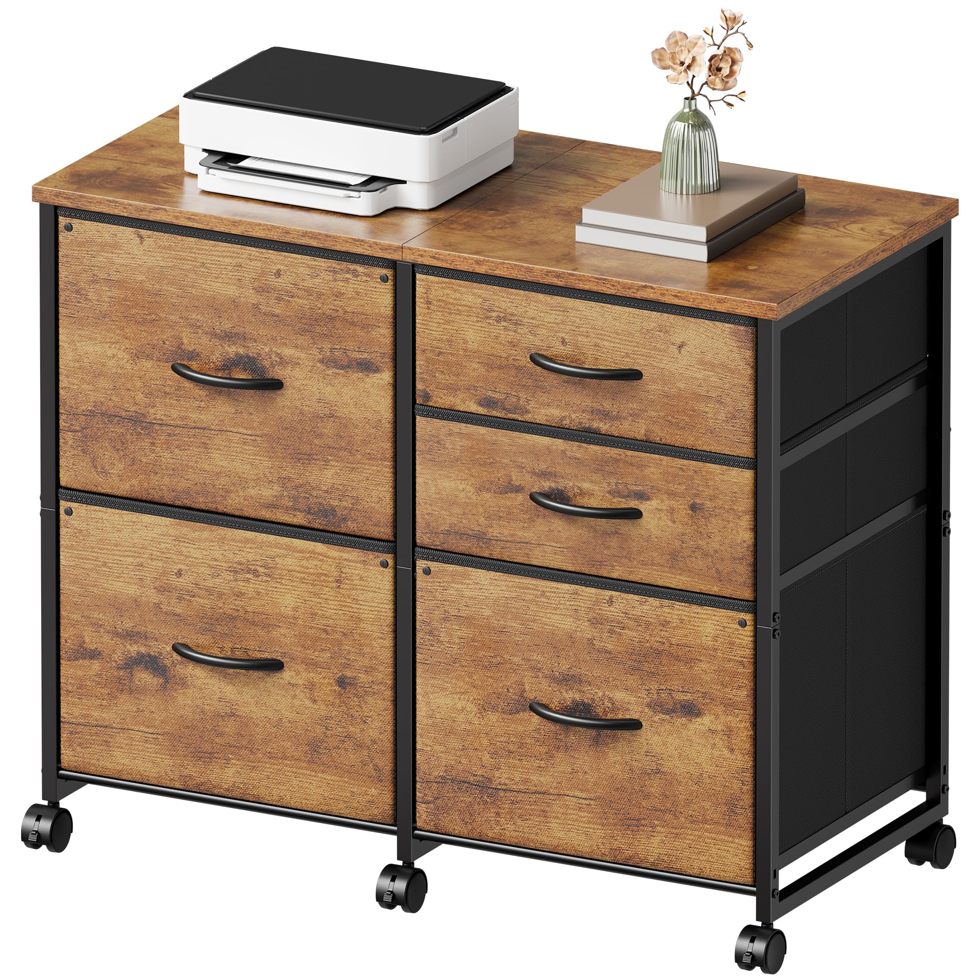 YeTom Lateral File Cabinet with 5 Drawers Rolling Filing Cabinets Under Desk Storage Printer Stand with Wheels,Mobile File Cabinet for Home Office,Rustic Brown Rustic Brown2