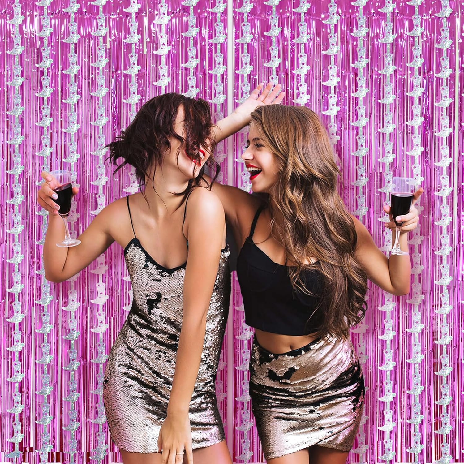 Cowgirl Party Decorations Set, 2 Pcs Pink Tinsel Fringe Curtains+ 2 Pcs Silver Cowgirl Boot Iridescent Foil Curtains for Wedding Birthday Bachelorette Party Favors - Image 6