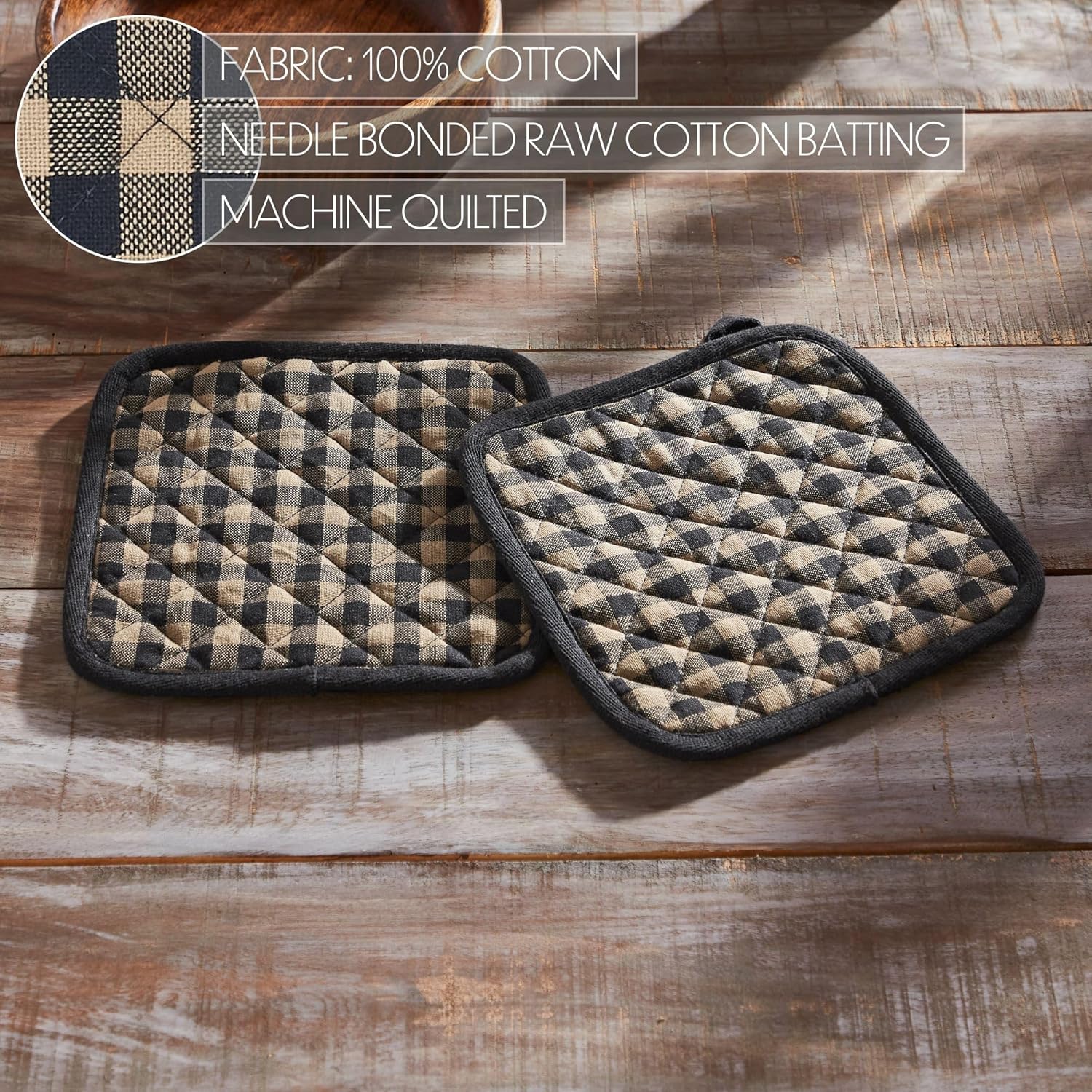 VHC Brands Black Check 7PC Set 2 Oven Mitt 2 Pot Holder and 3 Tea Towels