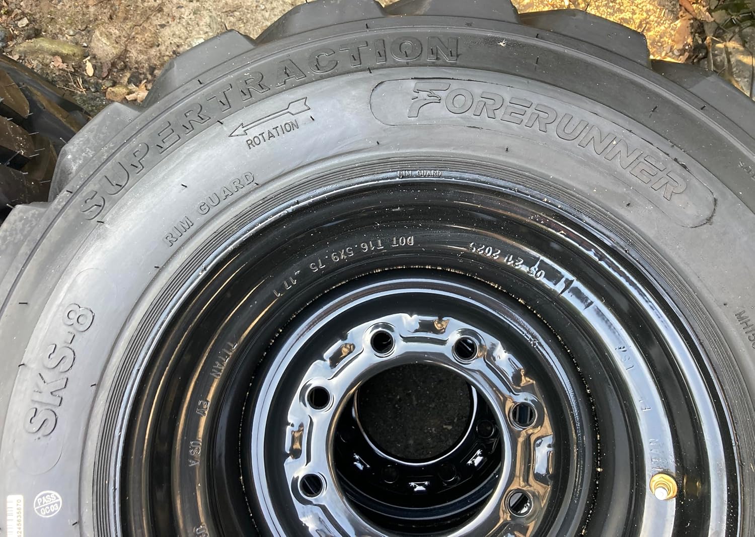 Set of 4-HD 12-16.5 Forerunner SKS-8 Skid Steer Tires on Black Wheels/Rims (8 lug) for Bobcat & more (6.5" Back Spacing) -14PLY -12X16.5