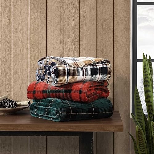 Vista 104 de Eddie Bauer Manta reversible de vellón sherpa, ropa de cama y decoración del hogar, para todas las estaciones, (Bunkhouse Plaid Beige), beige