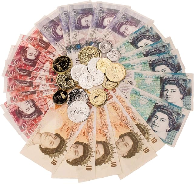 Sterling Pound Play Money Currency for Educational Learning  Bank and Shop Role Play - Literacy - Numeracy - Pretend Play Set - Fake Money Cash UK Banknote Notes and Coins - Kids Children's Toy