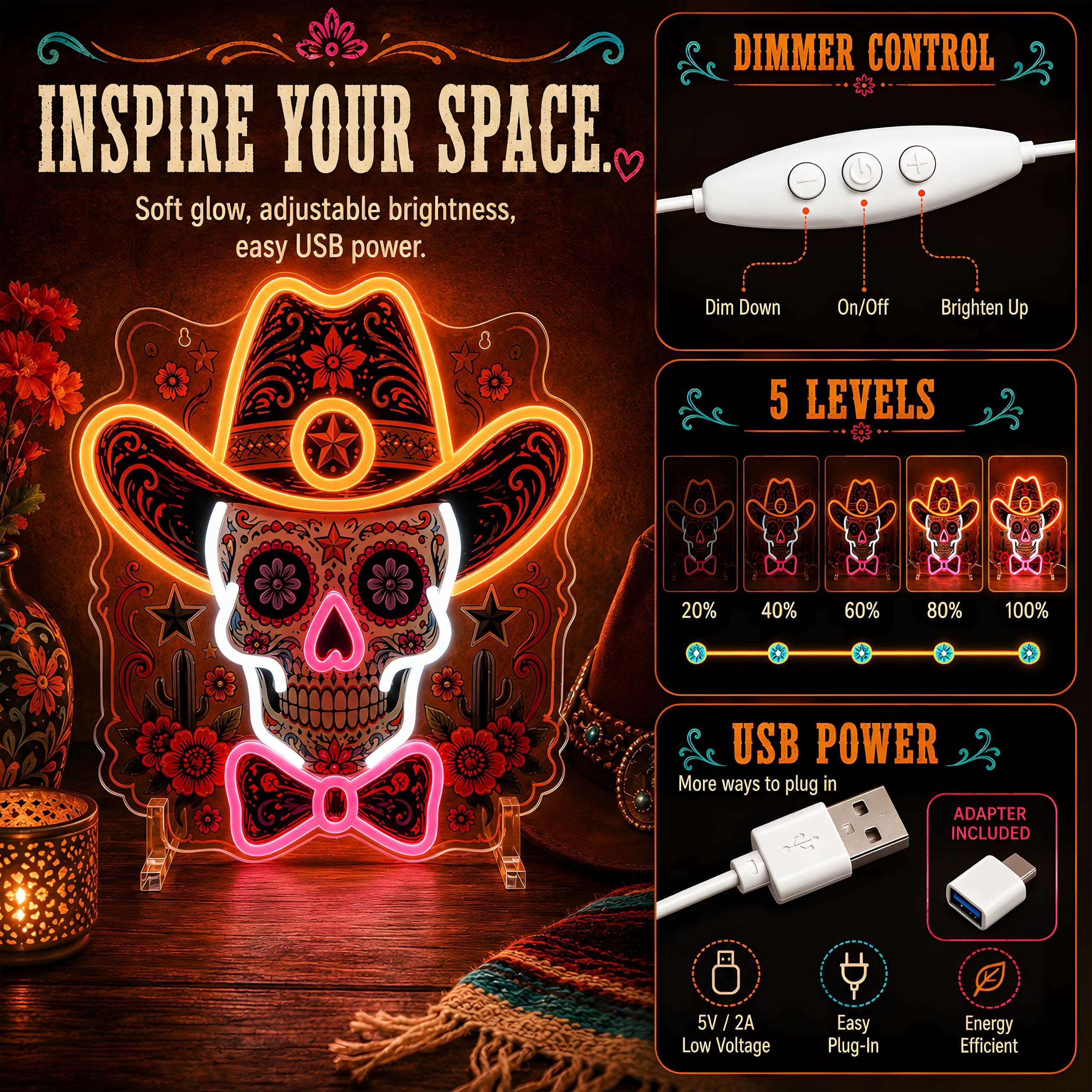 Insegna al neon con teschio da cowboy, luce LED da parete per decorazione messicana, alimentata tramite USB, dimmerabile, luce al neon per il giorno dei morti, Halloween, bar di casa, idea regalo per