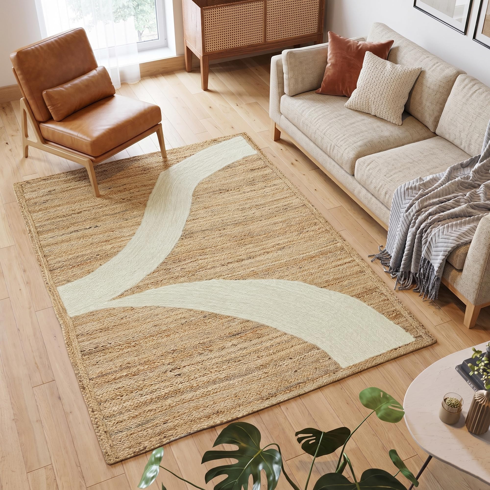 Tapis en jute fait main 2,1x3m au motif abstrait blanc chic