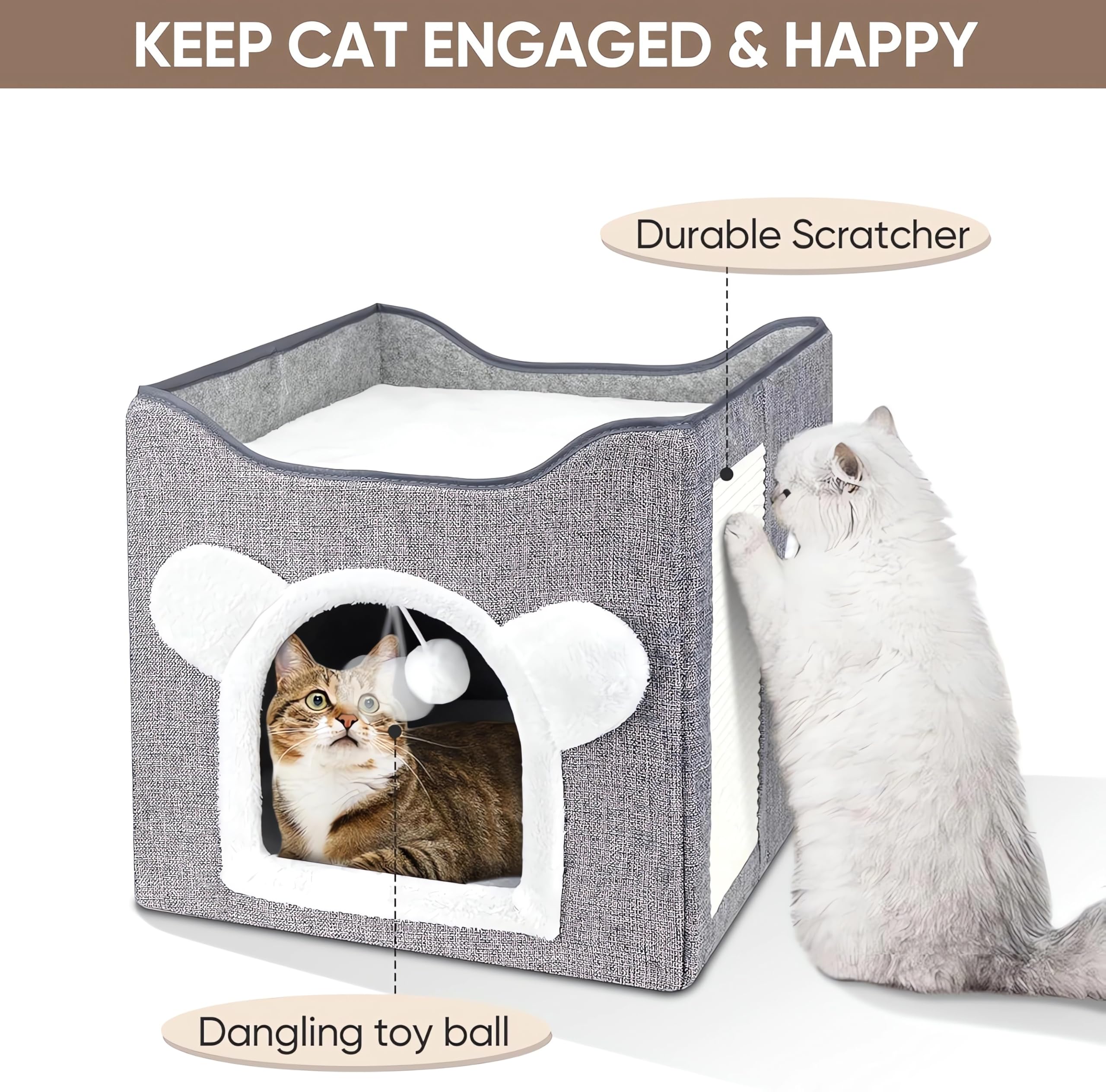سرير للقطط الداخلية من بابونا، سرير قطط كبير بطبقتين للحيوانات الاليفة مع لوح خدش وكرة منفوشة للحيوانات الاليفة الصغيرة والمتوسطة في الاماكن المغلقة، 40×40×39 سم