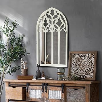 Vintage Gothic Arched Window Mirror, Distressed White Cathedral Wall Decor for Living Room, Entryway, or Bedroom Rustic Farmhouse Accent, 16 x 31.5