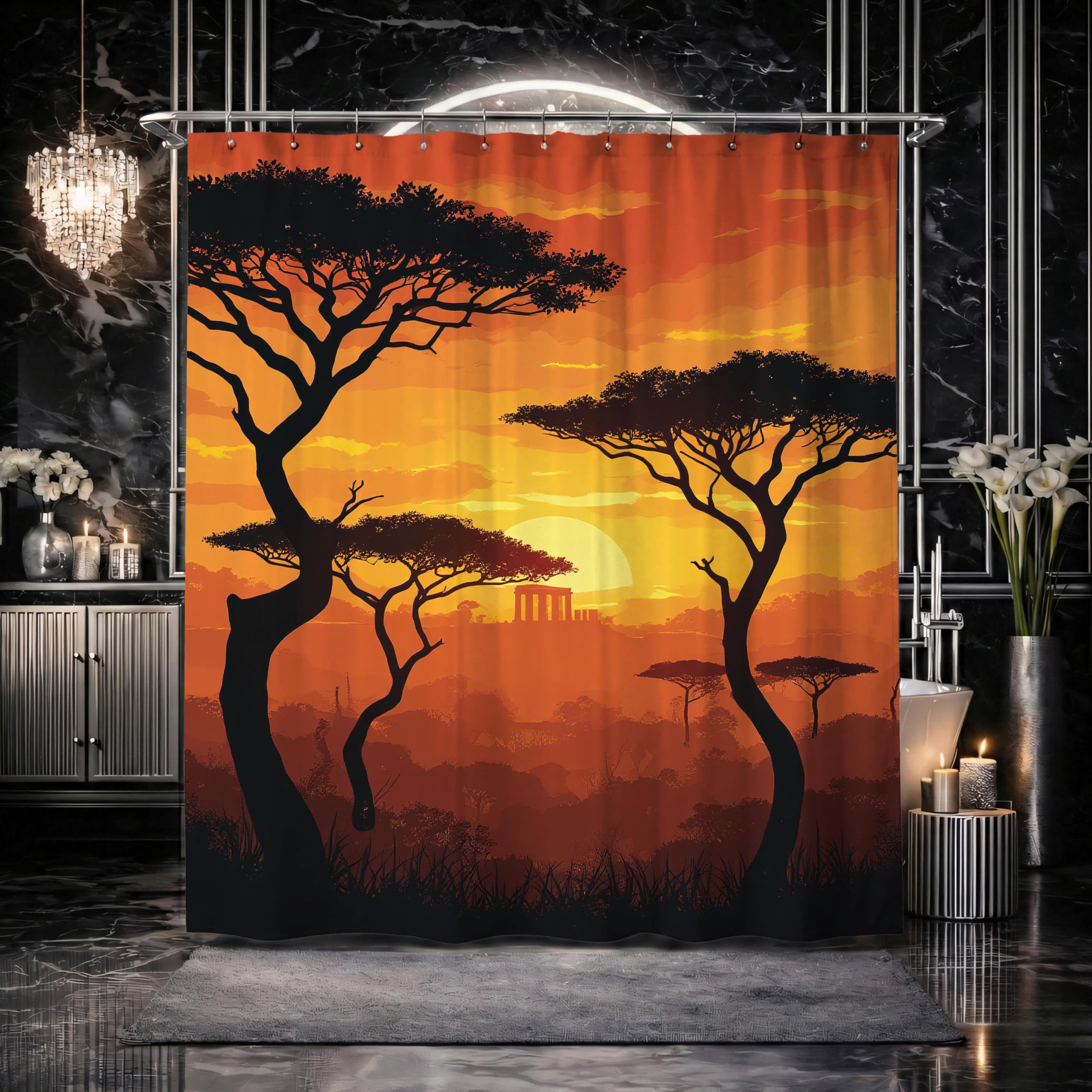 Tenda da doccia con motivo tramonto africano, paesaggio della savana, stampa di acacia arancione, arredamento in stile boho (153x239 cm/60x94 pollici (LxA))