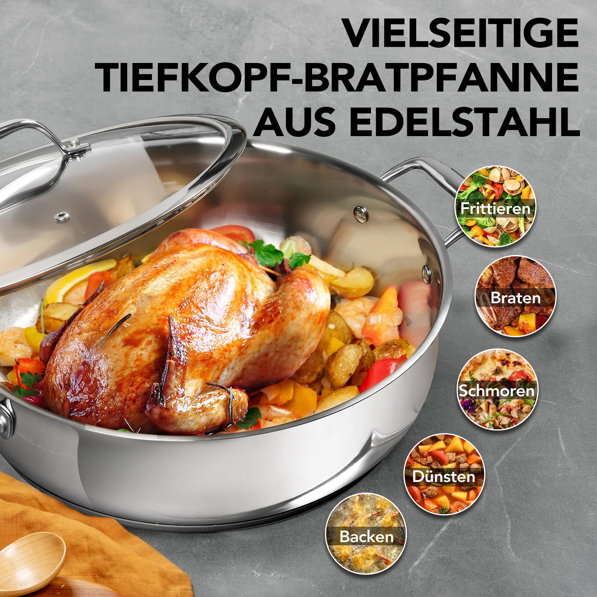 MICHELANGELO XL Schmorpfanne 30 cm mit Glasdeckel (5,7 Liter) - Unbeschichtete Edelstahl Bratpfanne PFAS-frei, Hohe Pfanne für Induktion & Backofen