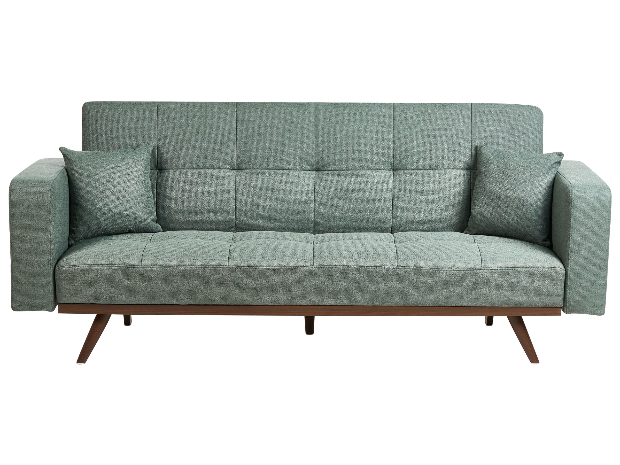 Beliani 3-Sitzer Sofa Stoff grün gepolstert gesteppt mit Schlaffunktion 2 Kissen Dunkle Metallbeine Hjulby
