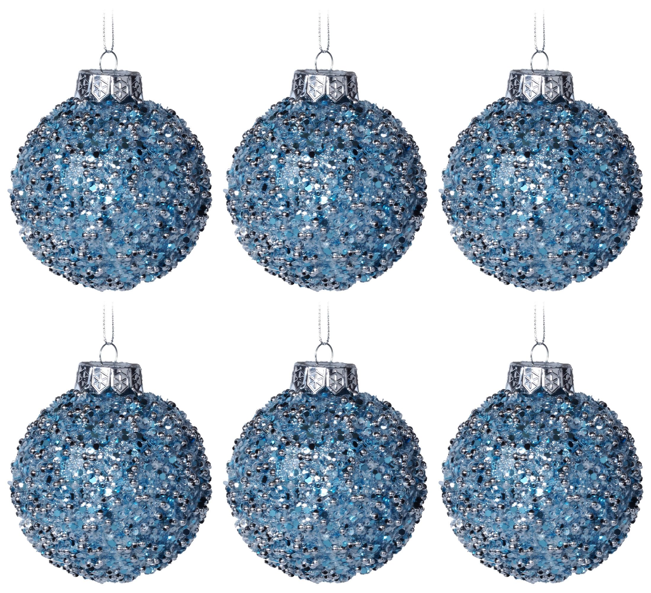 Glitter Ice Blue Shimmer Beaded Christmas Tree Baubles Decorations - Set of 6