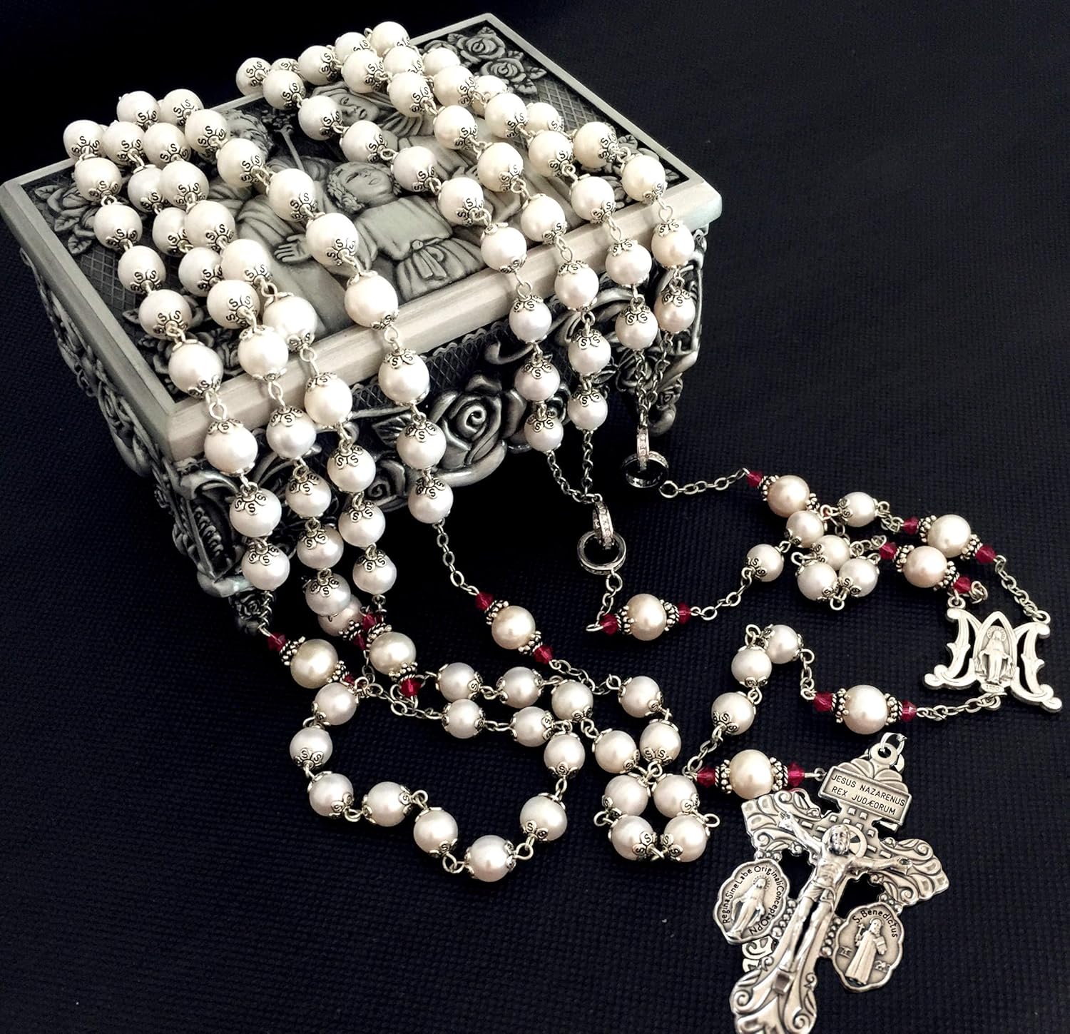 elegantmedical HANDMADE Real Pearl lasso wedding rosary Cross Necklace Box